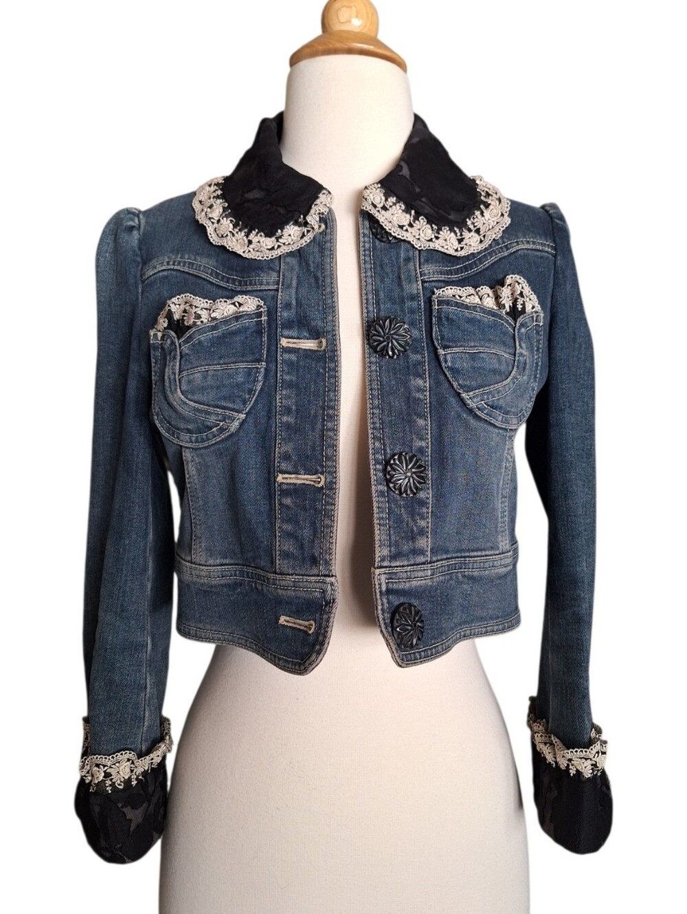 O'2nd Denim Lace Blue Jean Jacket Womens XS Y2K Coquette Lolita Cottagecore
